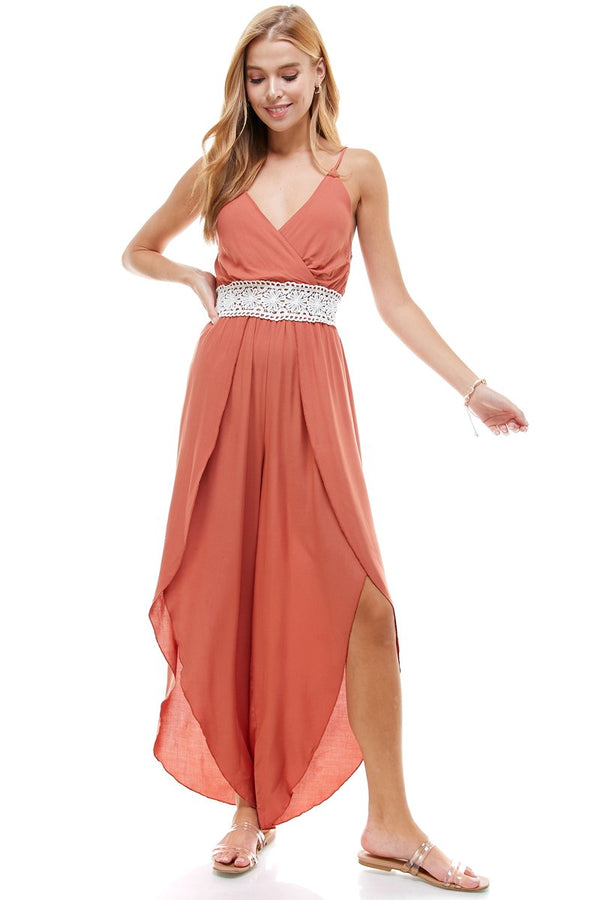 FLORAL & SOLID CROCHET TULIP LEG CAMI JUMPSUIT - Bagzio