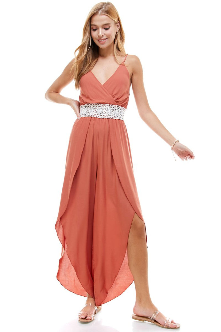 FLORAL & SOLID CROCHET TULIP LEG CAMI JUMPSUIT - Bagzio