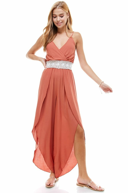 FLORAL & SOLID CROCHET TULIP LEG CAMI JUMPSUIT - Bagzio