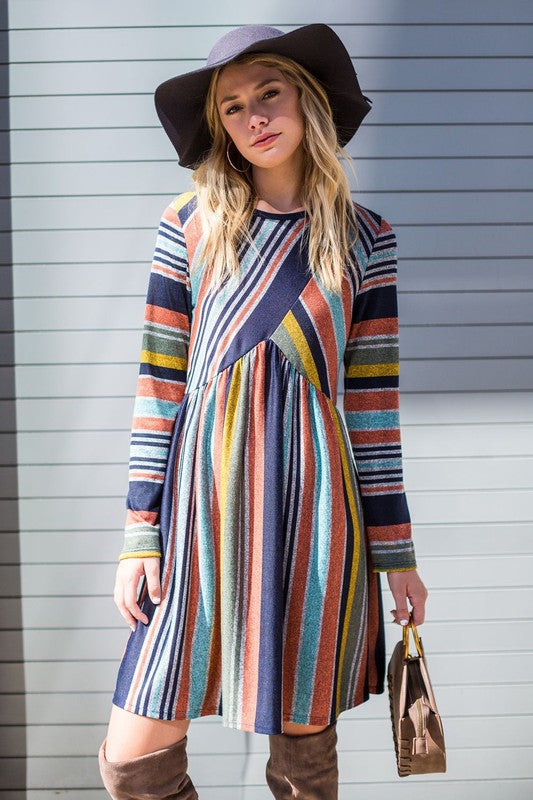 Multi Color Cross Stripe Midi Dress - Bagzio