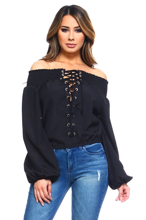 Women's Lace-Up Off Shoulder Elastic Blouse - Bagzio