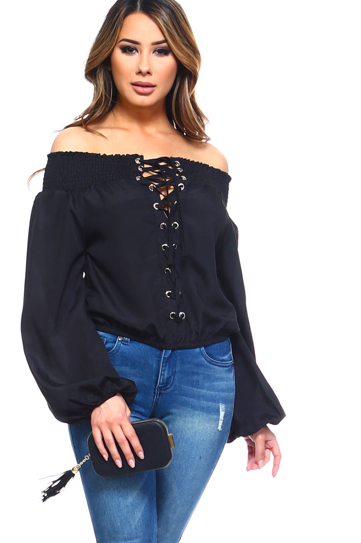 Women's Lace-Up Off Shoulder Elastic Blouse - Bagzio