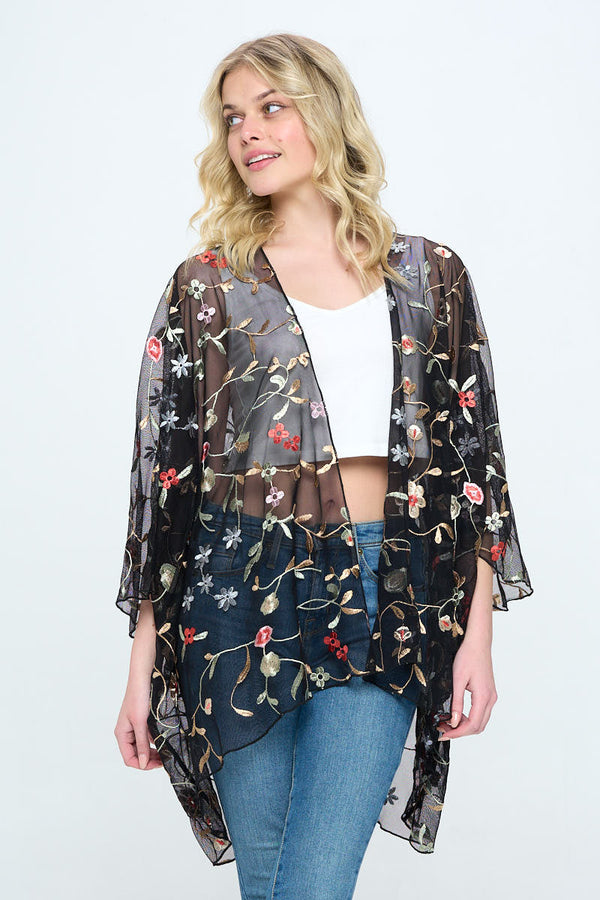 Floral embroidered mesh oversized kimono
