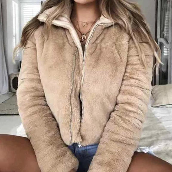 Turndown collar faux fur jackets Women long sleeve zipper - Bagzio