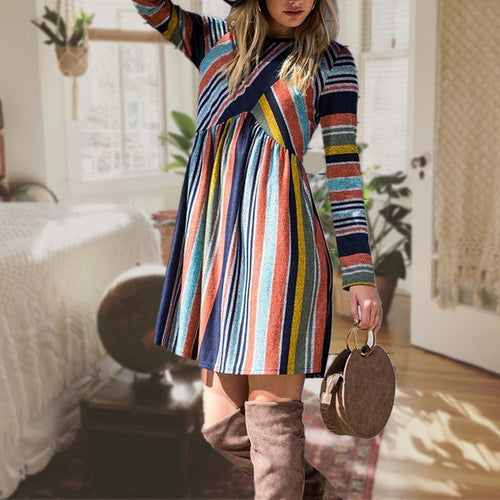Multi Color Cross Stripe Midi Dress - Bagzio