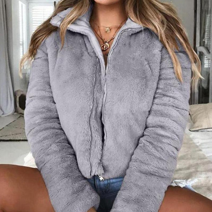 Turndown collar faux fur jackets Women long sleeve zipper - Bagzio