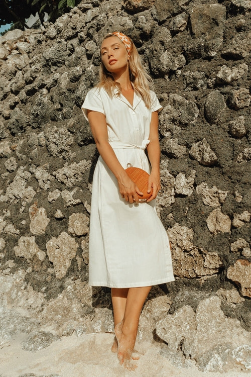 ARYA Safari Linen Midi Dress In Off White - Bagzio