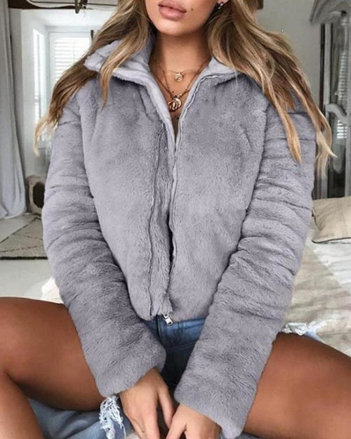 Turndown collar faux fur jackets Women long sleeve zipper - Bagzio