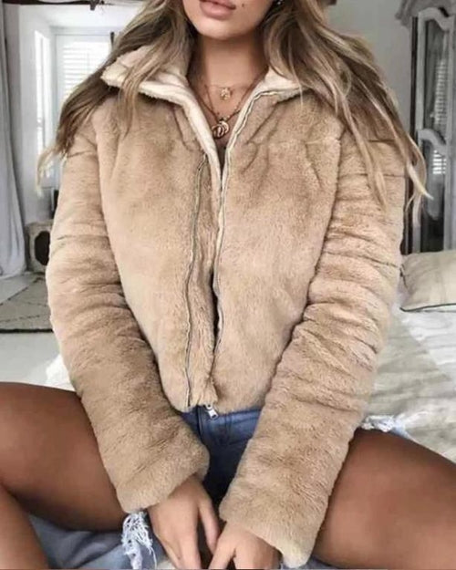 Turndown collar faux fur jackets Women long sleeve zipper - Bagzio