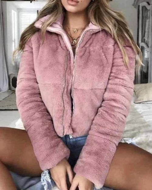 Turndown collar faux fur jackets Women long sleeve zipper - Bagzio