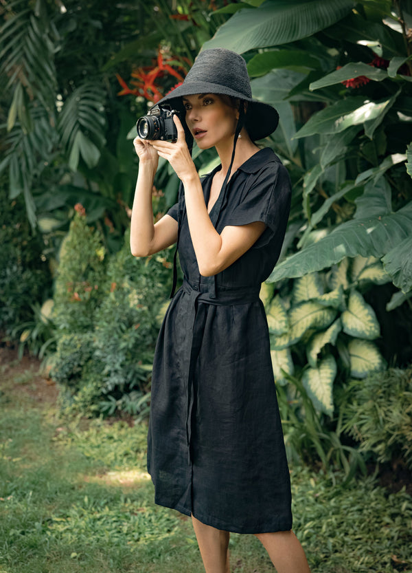 ARYA Safari Linen Midi Dress, in Black - Bagzio