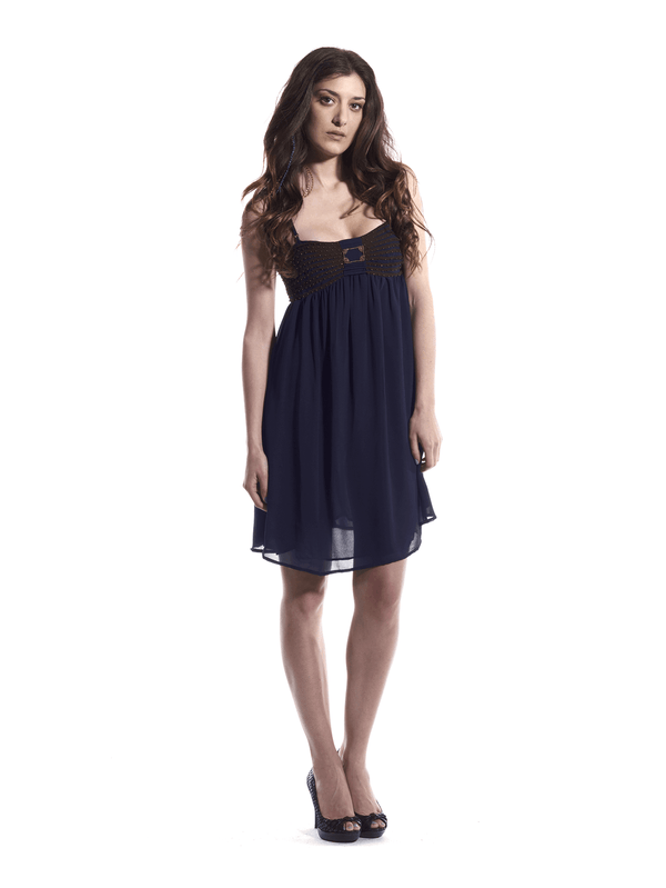 Blue Flowy Dress with Gold Embellishments - Bagzio