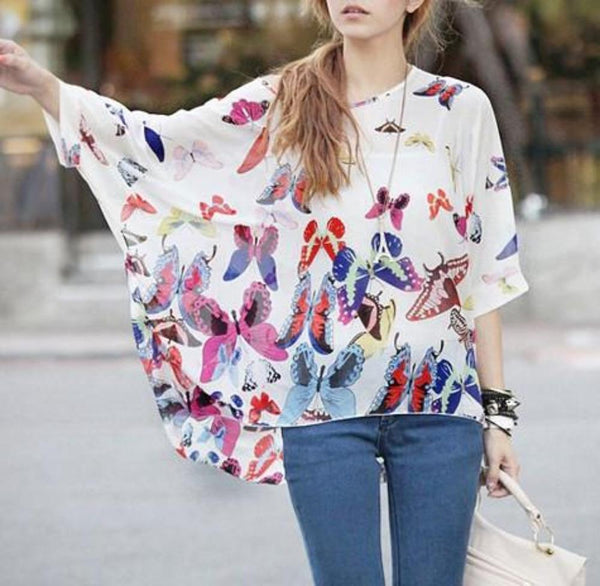 Womens Loose Fit Butterfly Theme Batwing Top - Bagzio