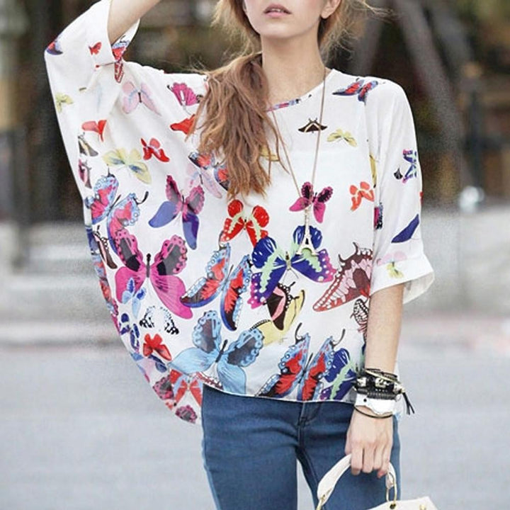 Womens Loose Fit Butterfly Theme Batwing Top - Bagzio