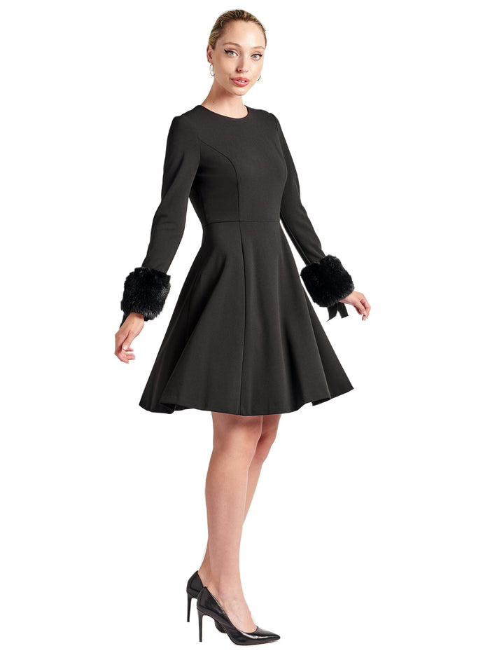 Caroline Dress - Crepe fit & flare dress with faux fur cuffs - Bagzio