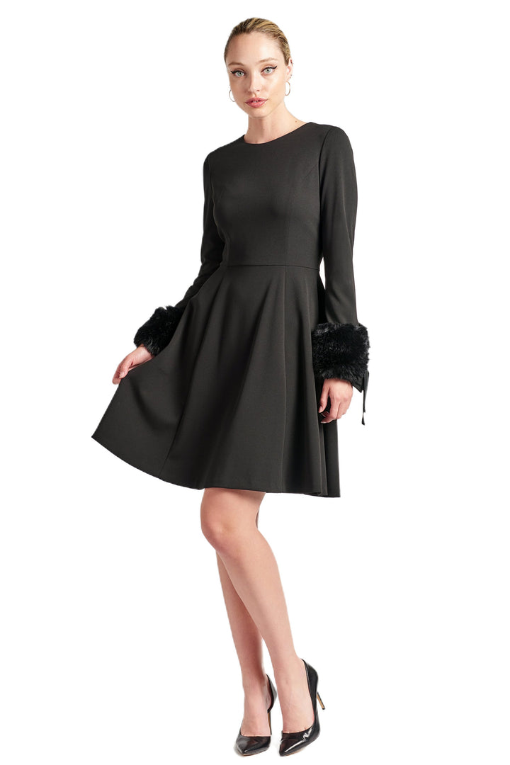 Caroline Dress - Crepe fit & flare dress with faux fur cuffs - Bagzio