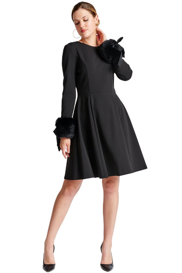 Caroline Dress - Crepe fit & flare dress with faux fur cuffs - Bagzio
