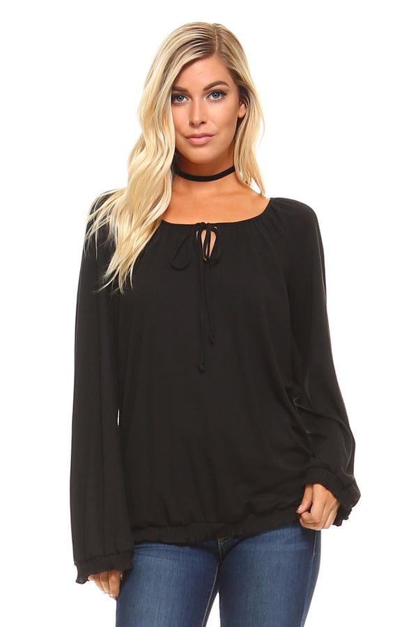 Women's Long Sleeve Solid Peasant Top - Bagzio