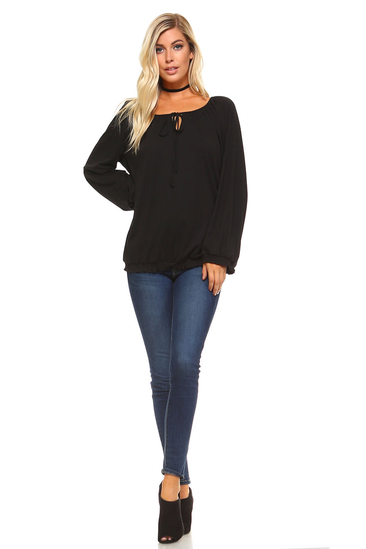 Women's Long Sleeve Solid Peasant Top - Bagzio