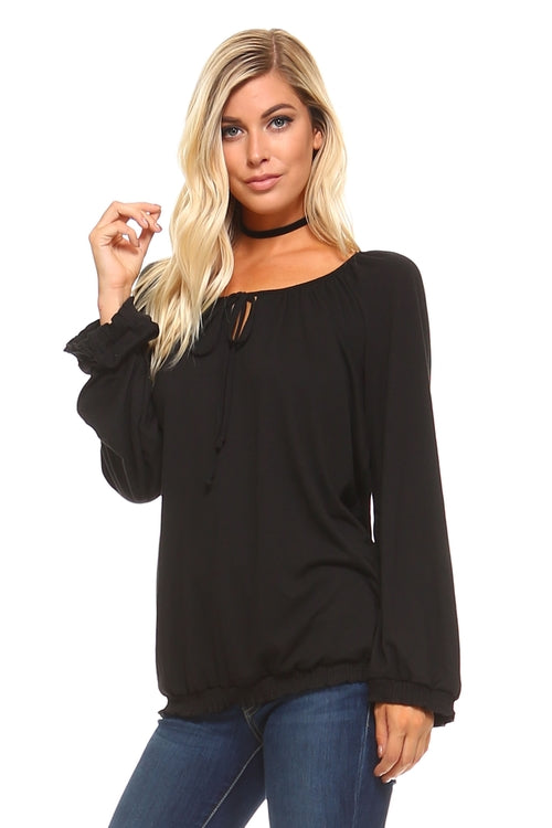 Women's Long Sleeve Solid Peasant Top - Bagzio