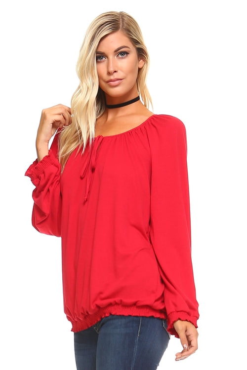 Women's Long Sleeve Solid Peasant Top - Bagzio