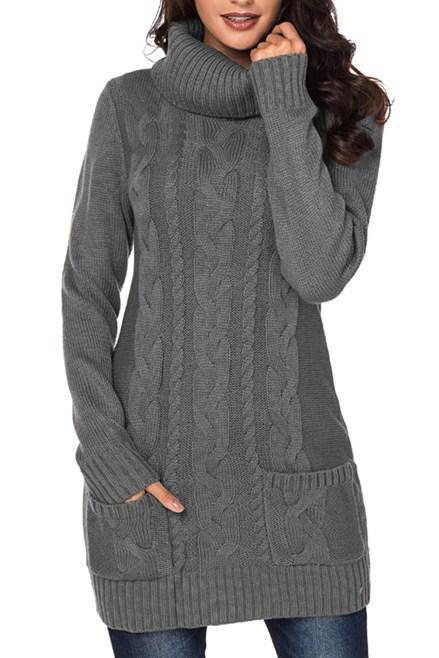 Gray Cowl Neck Pockets Cable Knit Sweater Dress - Bagzio
