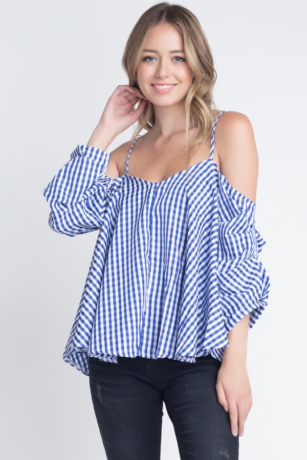 Women's Cold Shoulder Checkered Top - Bagzio