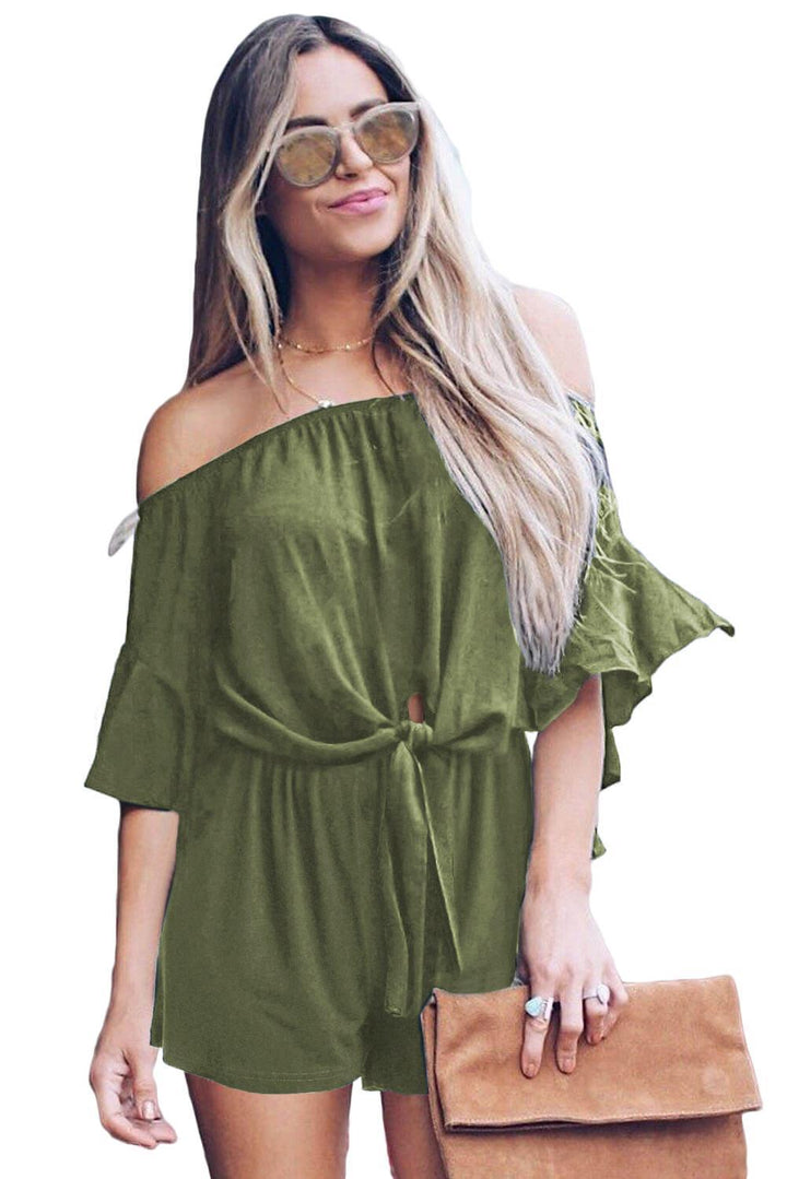 Casual Green Bell Sleeve Off Shoulder Front Tie Knot Romper - Bagzio