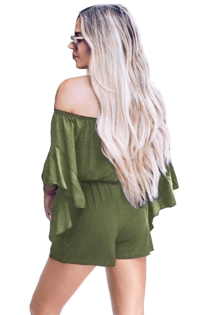 Casual Green Bell Sleeve Off Shoulder Front Tie Knot Romper - Bagzio