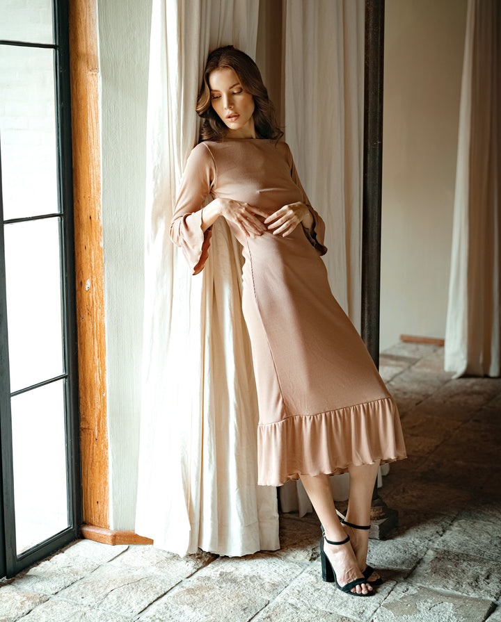 MARJORIE Ruffle Rib Dress, in Camel Brown - Bagzio
