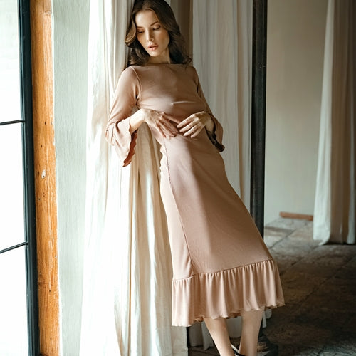 MARJORIE Ruffle Rib Dress, in Camel Brown - Bagzio