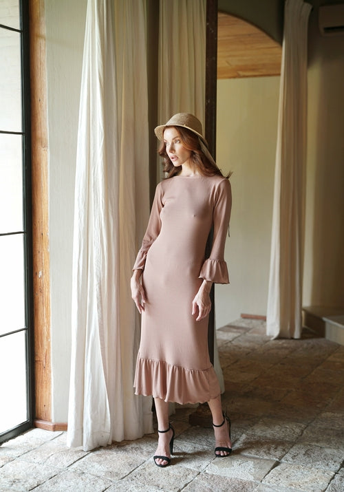 MARJORIE Ruffle Rib Dress, in Camel Brown - Bagzio