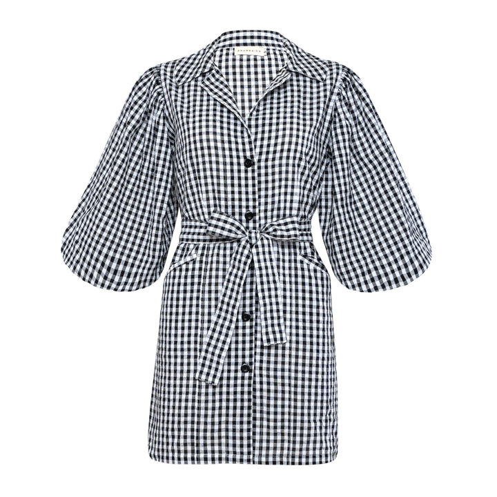 MEGHAN Mini Gingham Dress, in Black - Bagzio