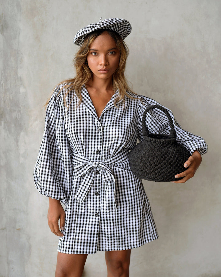 MEGHAN Mini Gingham Dress, in Black - Bagzio