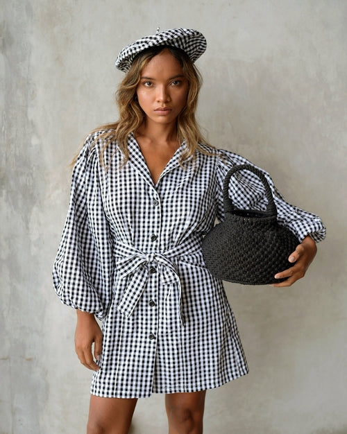 MEGHAN Mini Gingham Dress, in Black - Bagzio