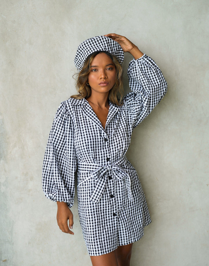 MEGHAN Mini Gingham Dress, in Black - Bagzio