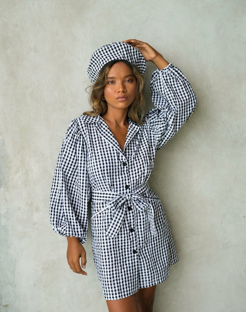 MEGHAN Mini Gingham Dress, in Black - Bagzio