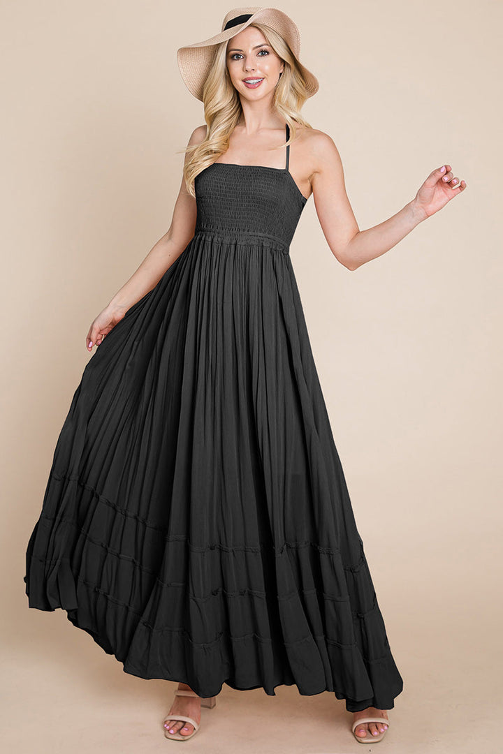 Smocked Flowy Boho Pleated Backless Maxi Dress - Bagzio