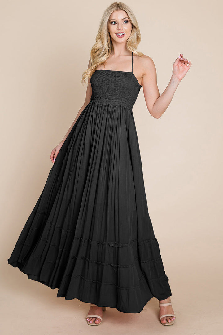 Smocked Flowy Boho Pleated Backless Maxi Dress - Bagzio