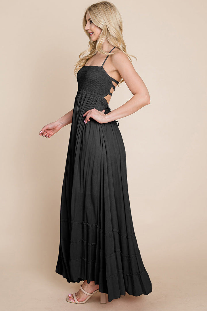 Smocked Flowy Boho Pleated Backless Maxi Dress - Bagzio