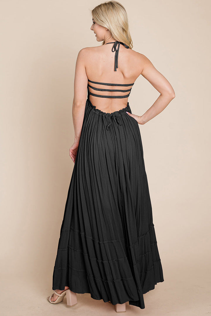 Smocked Flowy Boho Pleated Backless Maxi Dress - Bagzio