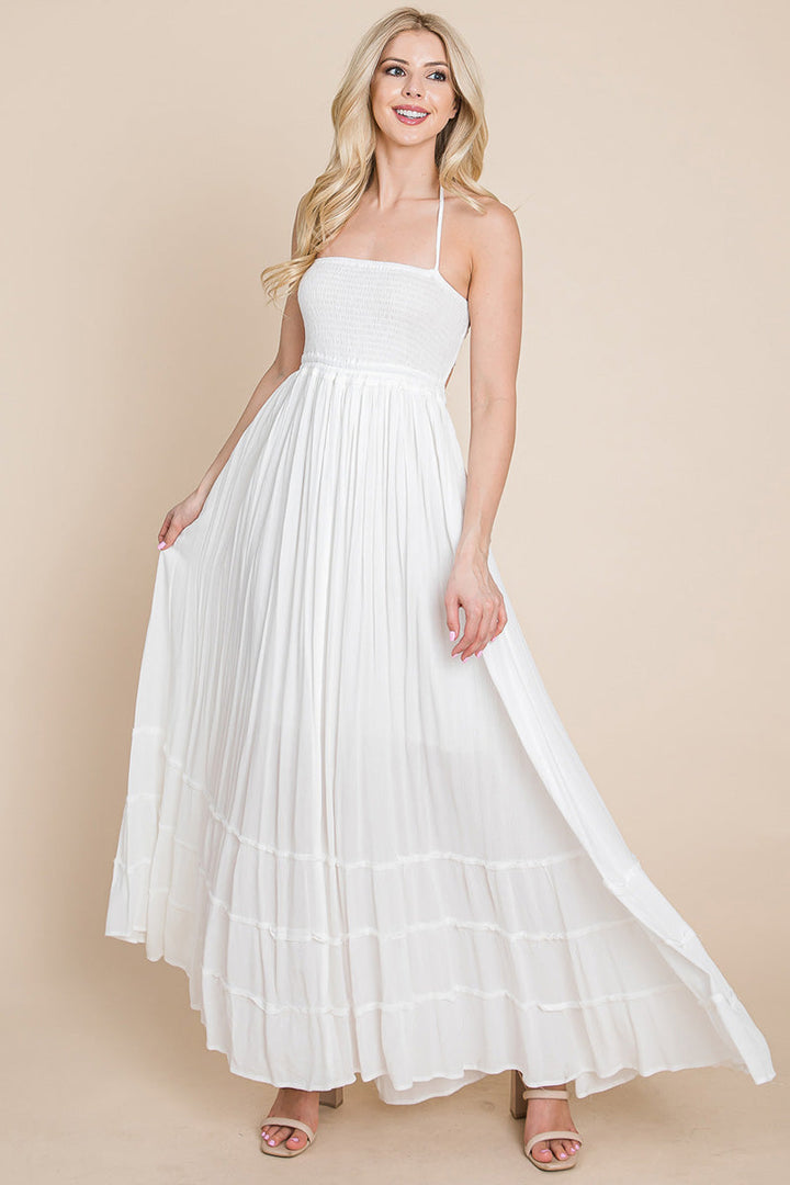 Smocked Flowy Boho Pleated Backless Maxi Dress - Bagzio