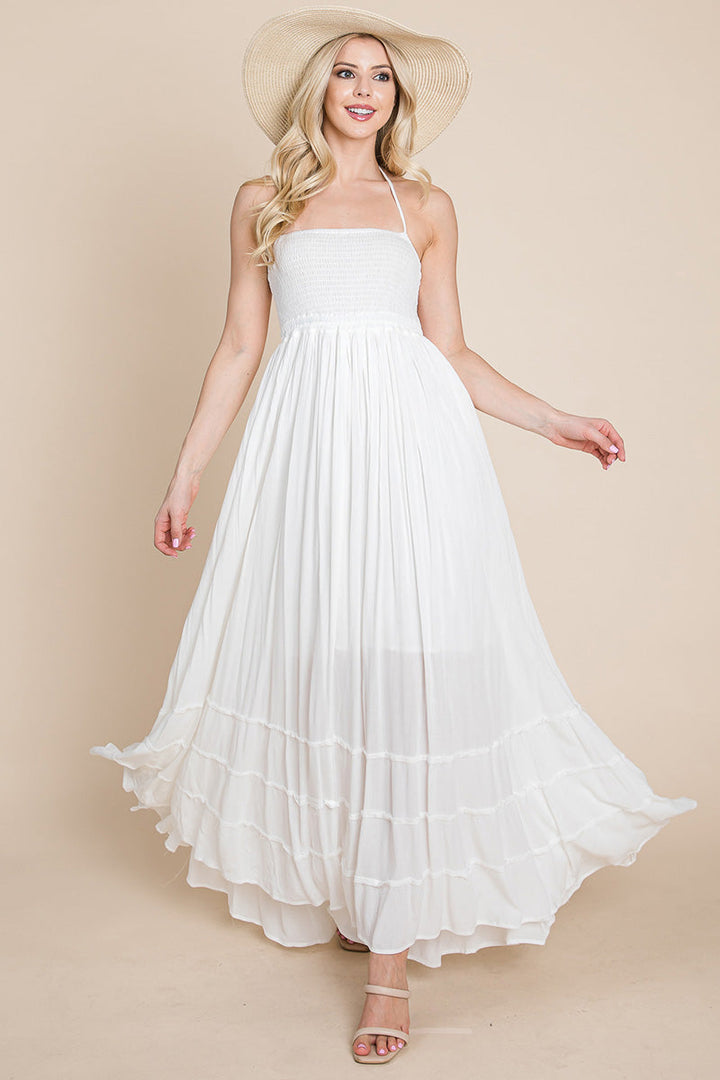Smocked Flowy Boho Pleated Backless Maxi Dress - Bagzio