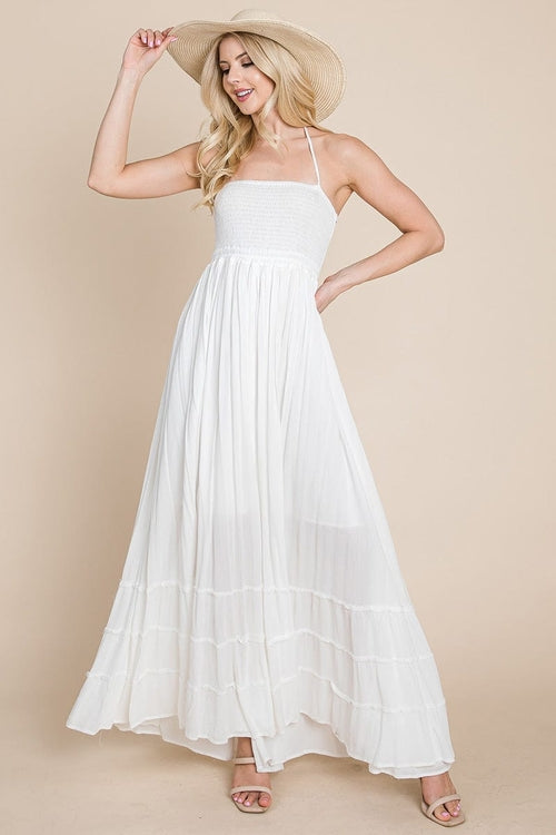 Smocked Flowy Boho Pleated Backless Maxi Dress - Bagzio