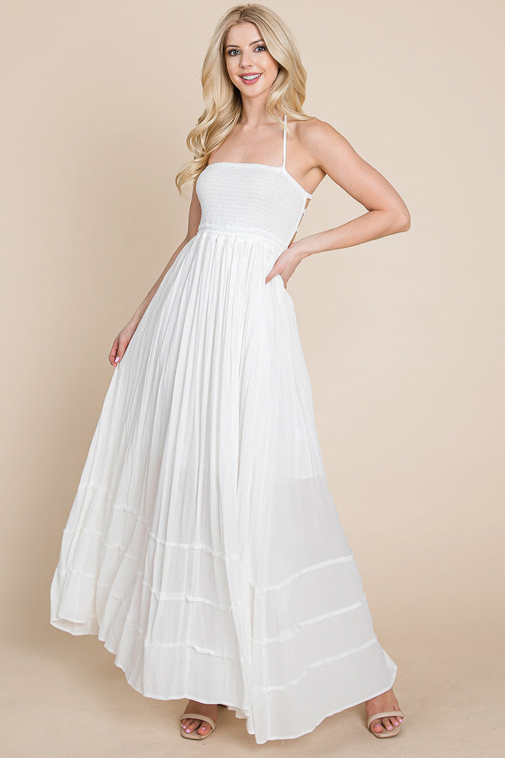 Smocked Flowy Boho Pleated Backless Maxi Dress - Bagzio