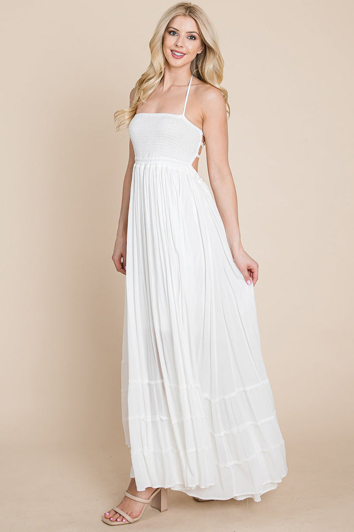 Smocked Flowy Boho Pleated Backless Maxi Dress - Bagzio