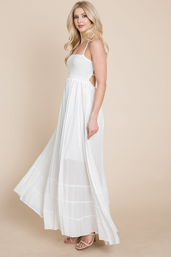 Smocked Flowy Boho Pleated Backless Maxi Dress - Bagzio