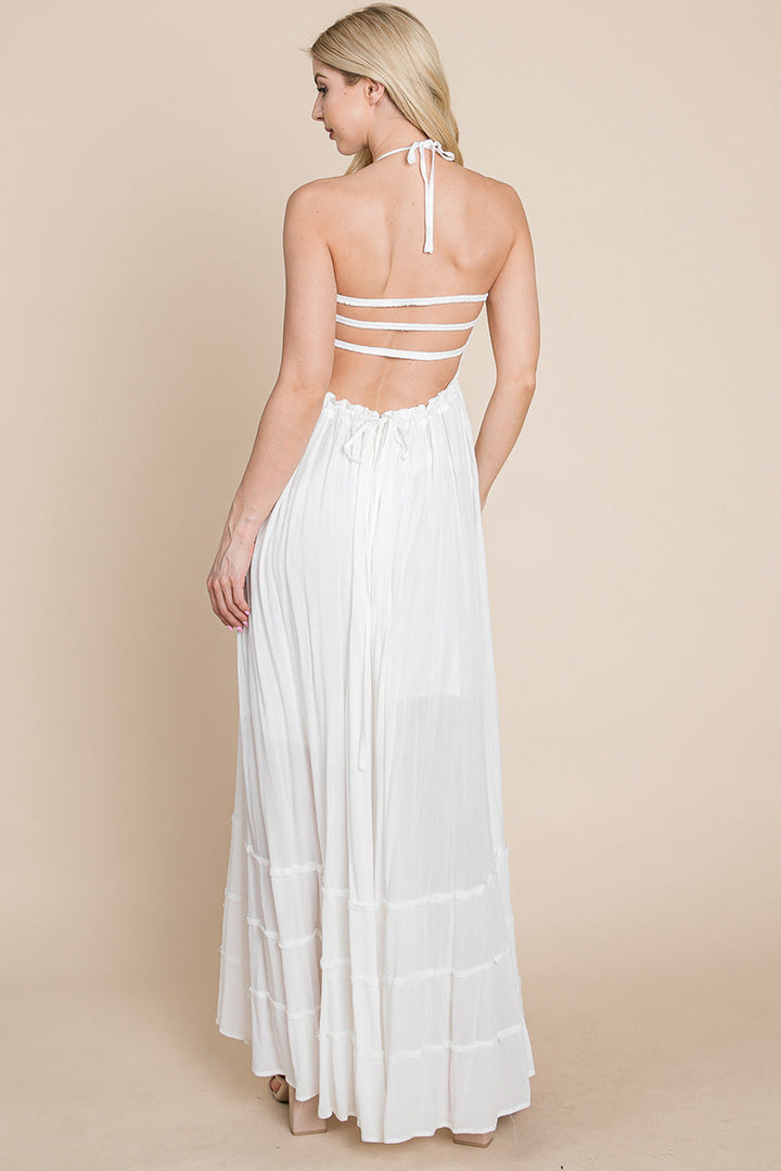 Smocked Flowy Boho Pleated Backless Maxi Dress - Bagzio