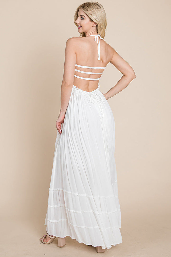 Smocked Flowy Boho Pleated Backless Maxi Dress - Bagzio