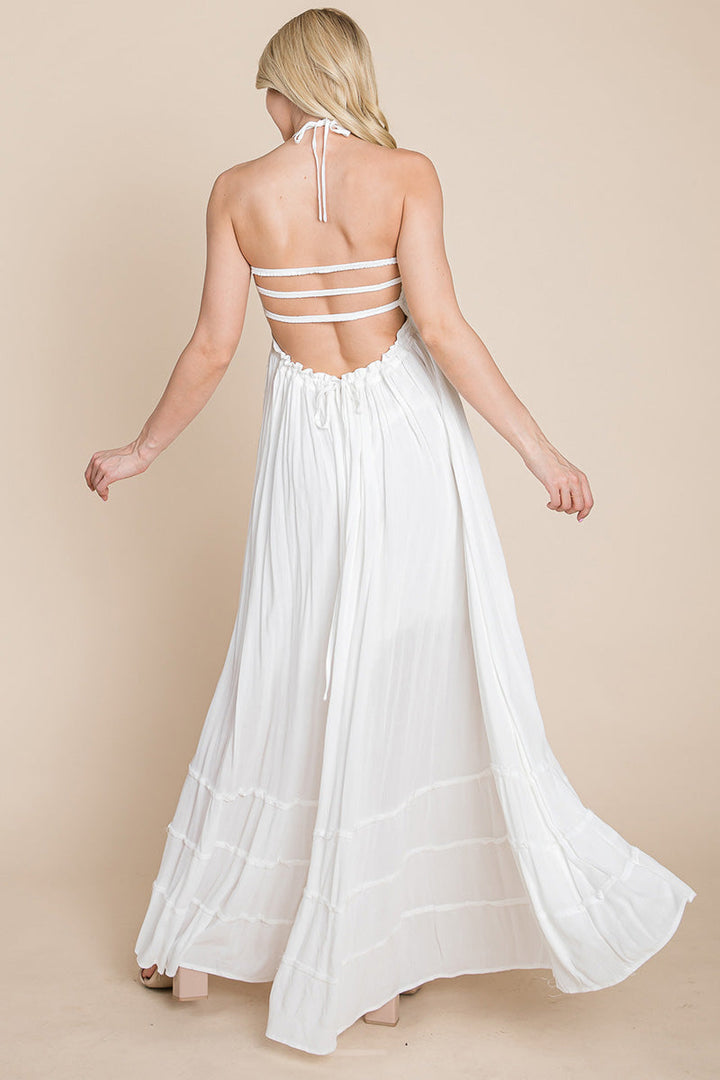 Smocked Flowy Boho Pleated Backless Maxi Dress - Bagzio